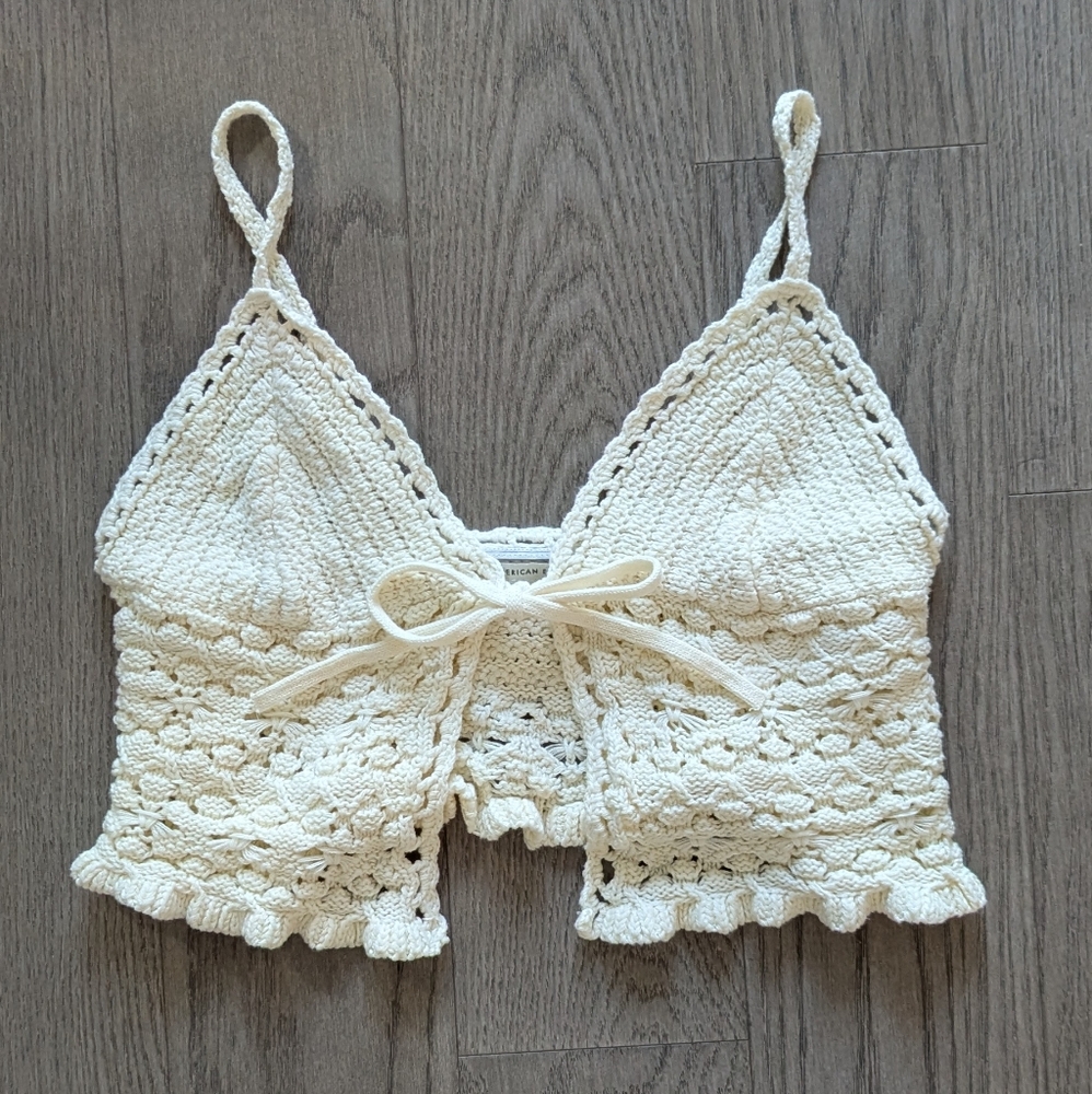 American Eagle Outfitters Crochet Tie Front Cami Cream Small